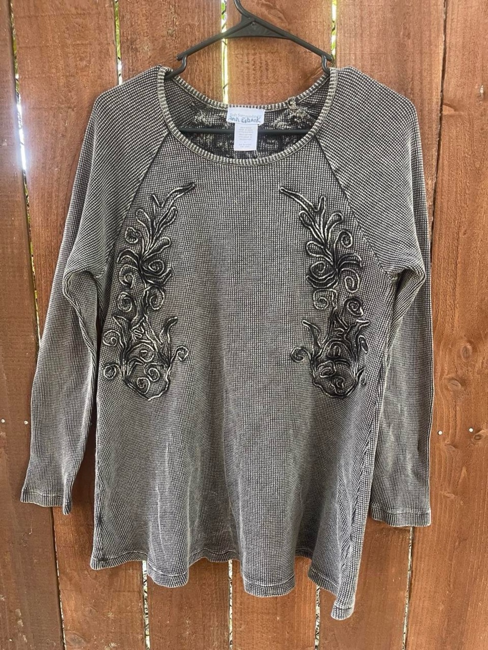 Soft Surroundings Waffle Cotton Rustic Boho Gray Embroidery Trim Tunic Sz Lg